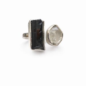 S925 Open Top Herkimer Diamond and Black Tourmaline Ring